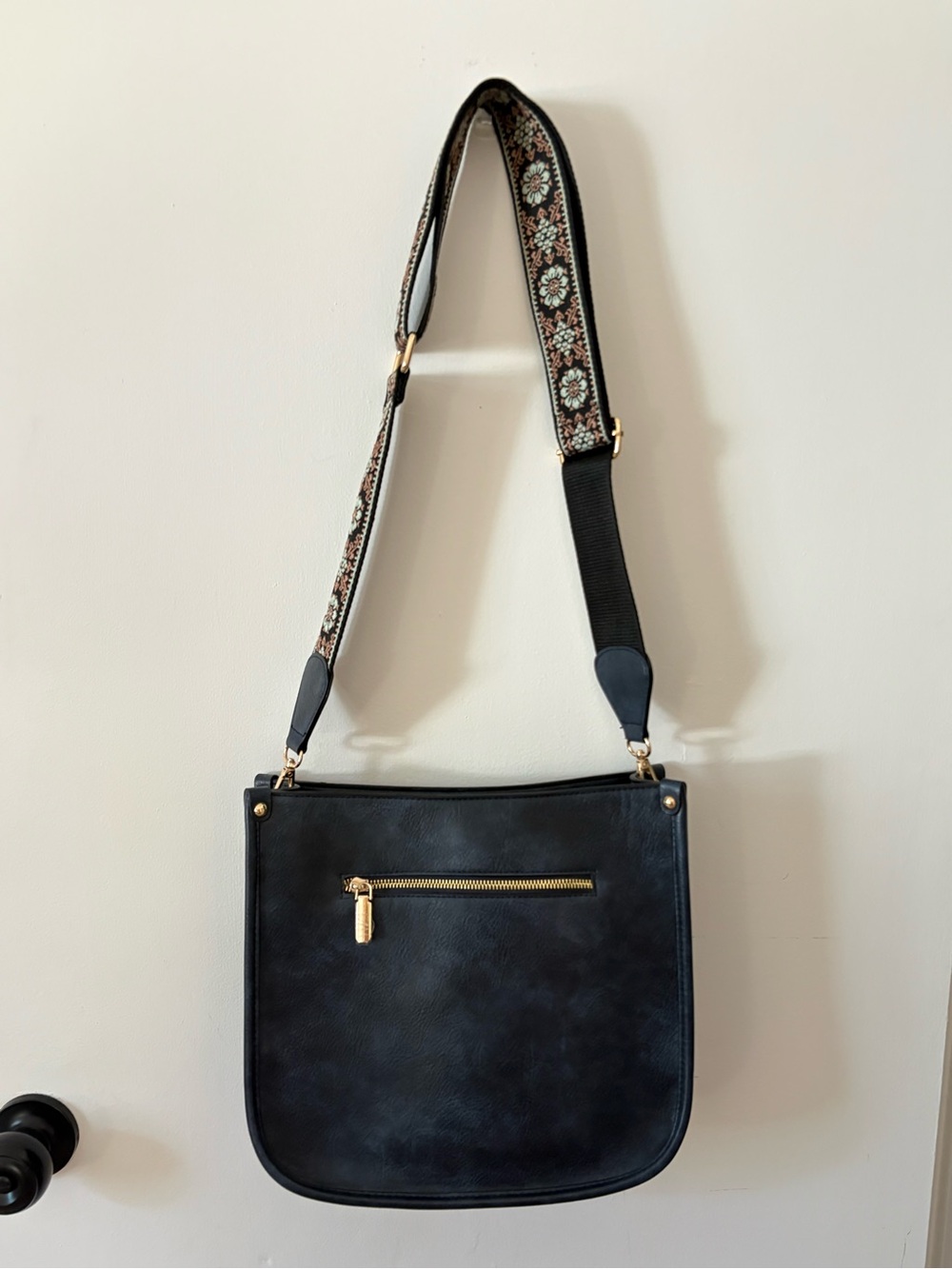Dark Blue Structured Crossbody Tote with Patterned Adjustable Strap Never Used